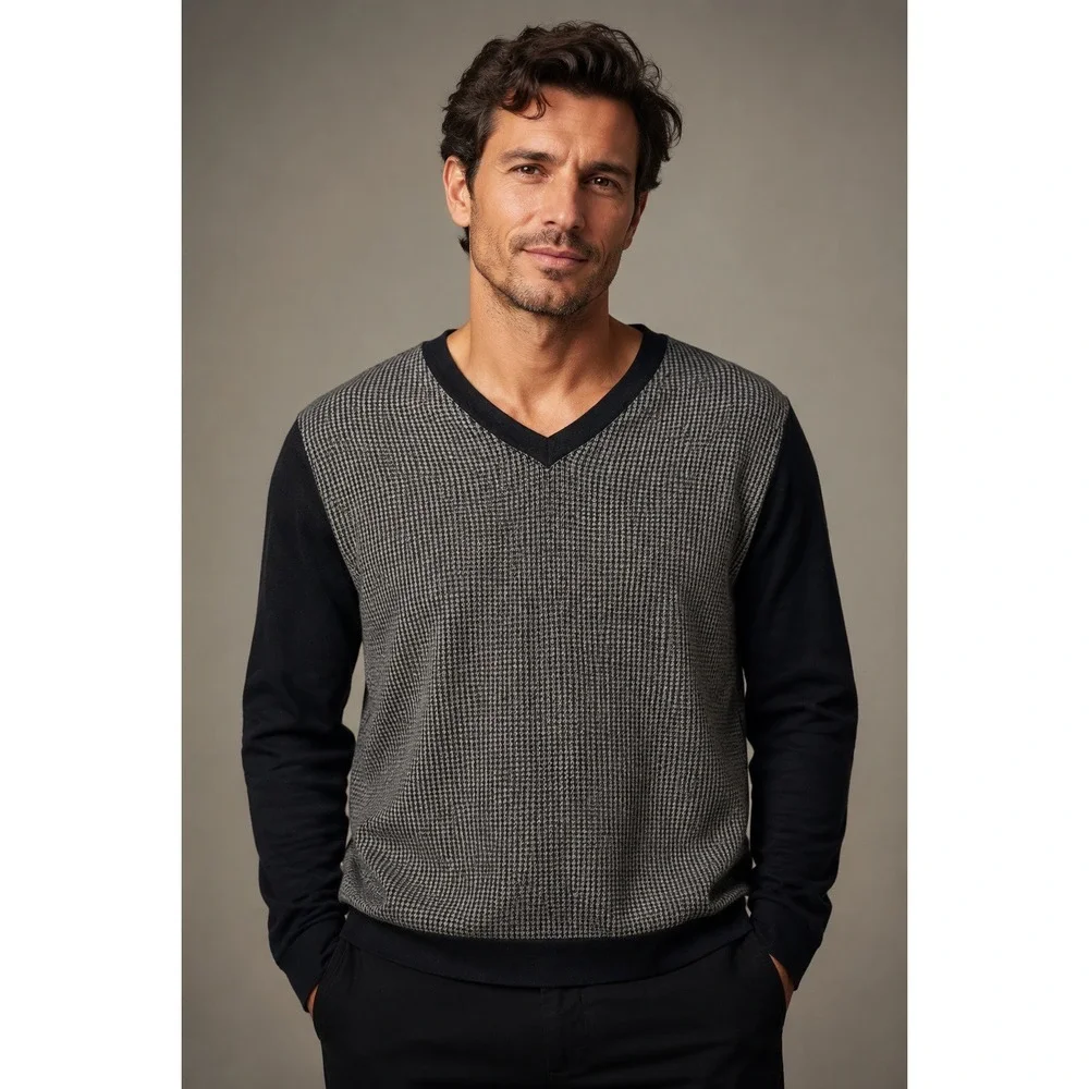 Banana Republic Mens V-Neck Sweater Houndstooth Black Gray Silk Wool Blend L